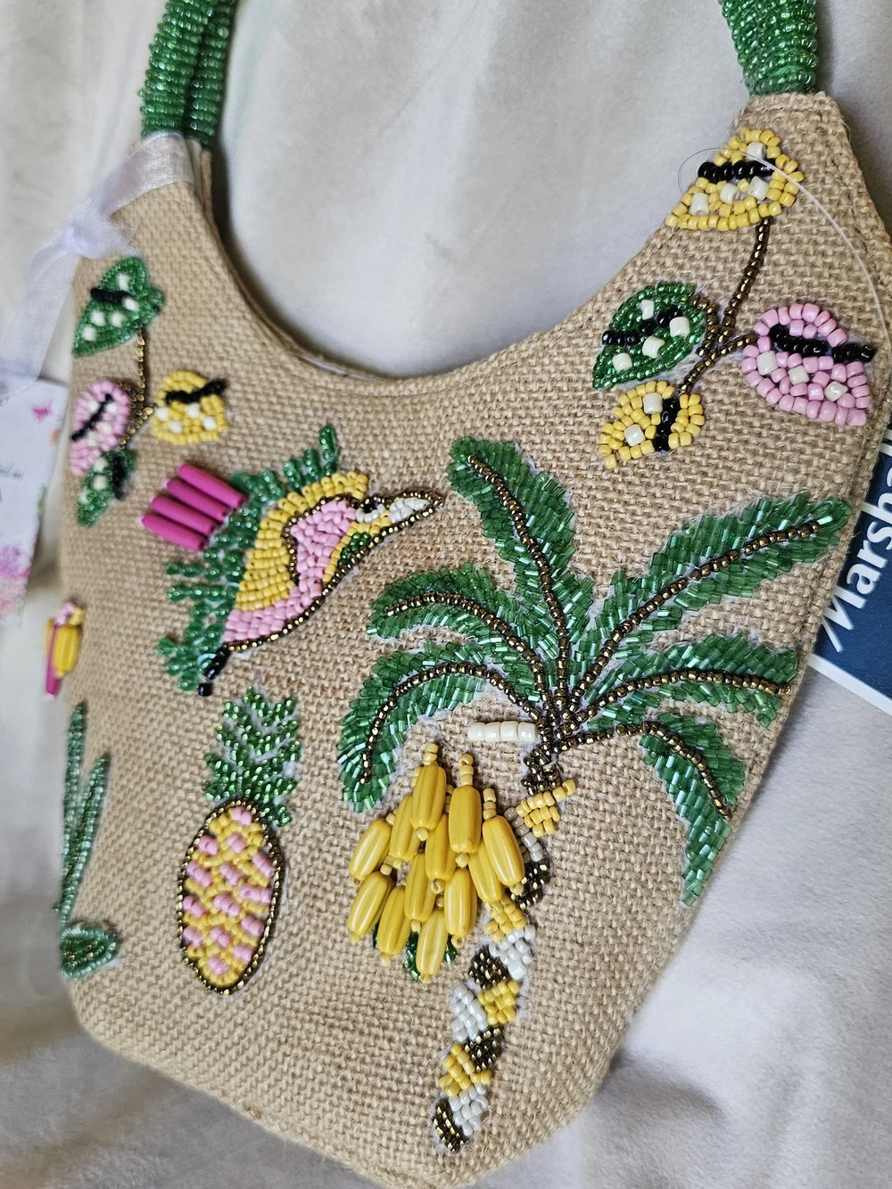 Hand-Beaded Tropical Shoulder Bag in Natural and Green